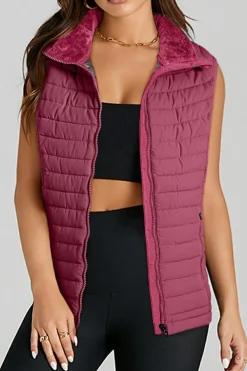 Clearance Dear-Lover Plush Collared Quilted Zipped Puffer Vest Burgundy