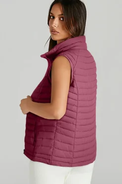 Clearance Dear-Lover Plush Collared Quilted Zipped Puffer Vest Burgundy