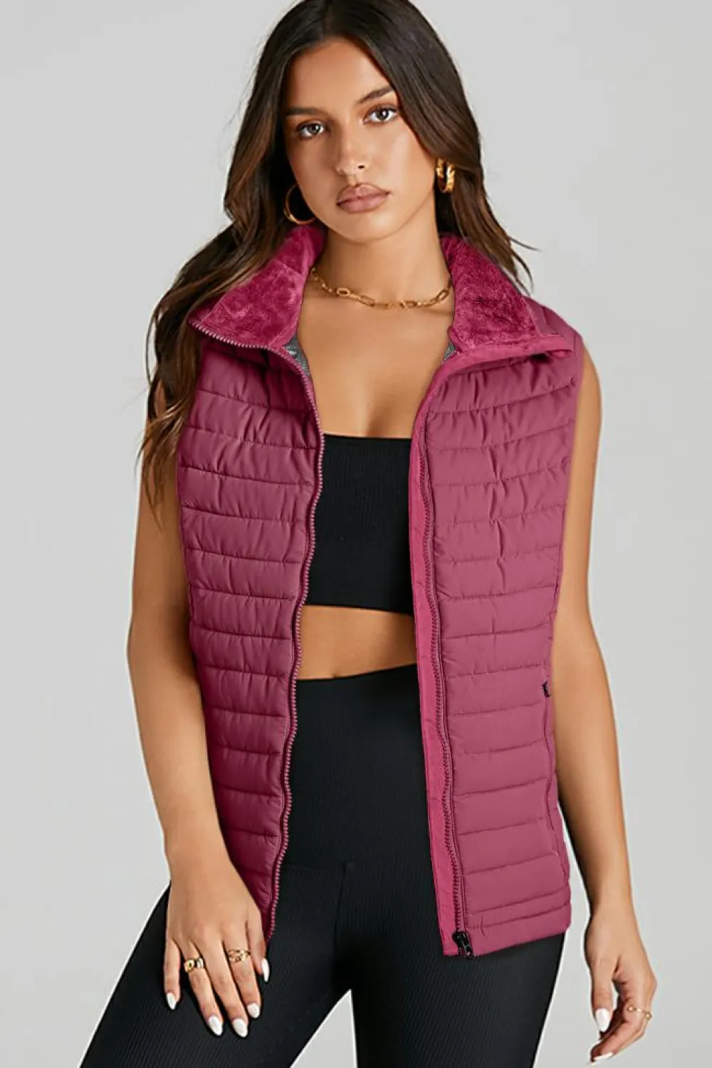 Clearance Dear-Lover Plush Collared Quilted Zipped Puffer Vest Burgundy