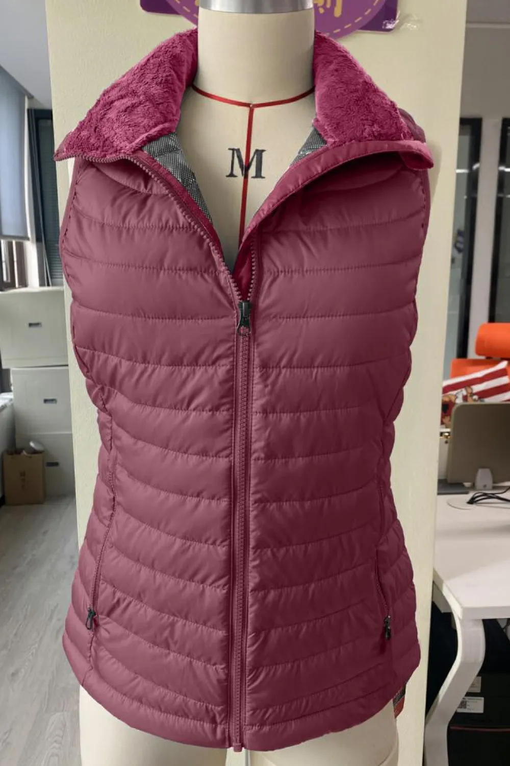 Clearance Dear-Lover Plush Collared Quilted Zipped Puffer Vest Burgundy
