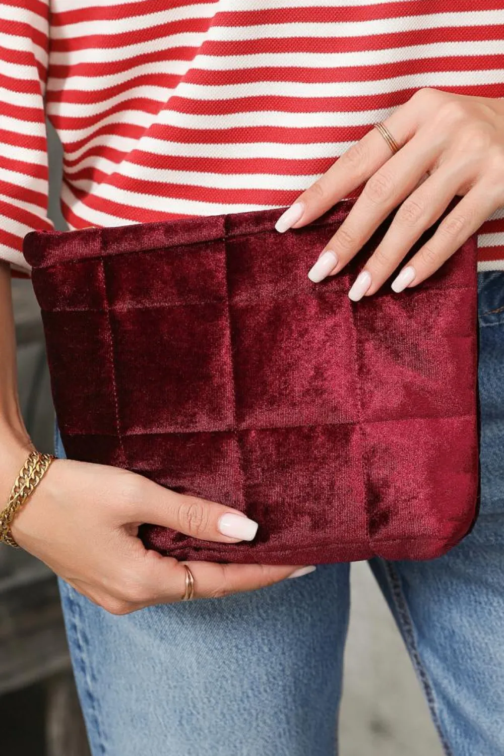 Sale Dear-Lover Quilted Velour Zipper Cosmetic Organize Pouch Burgundy