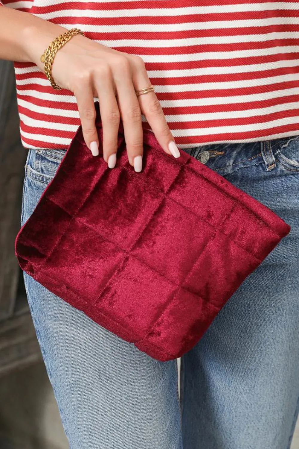 Sale Dear-Lover Quilted Velour Zipper Cosmetic Organize Pouch Burgundy