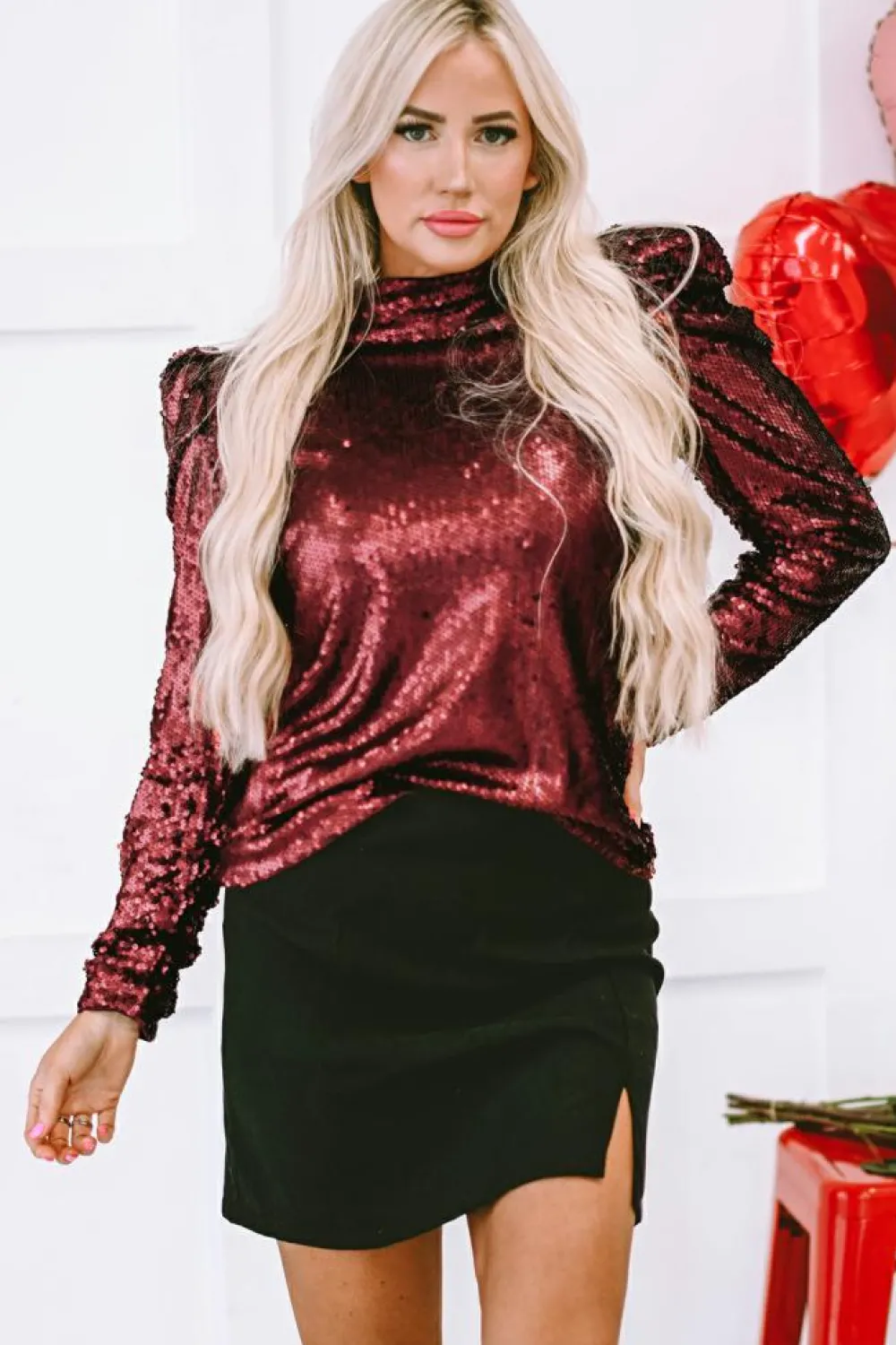 New Dear-Lover Sequin Mock Neck Bubble Sleeve Top Burgundy