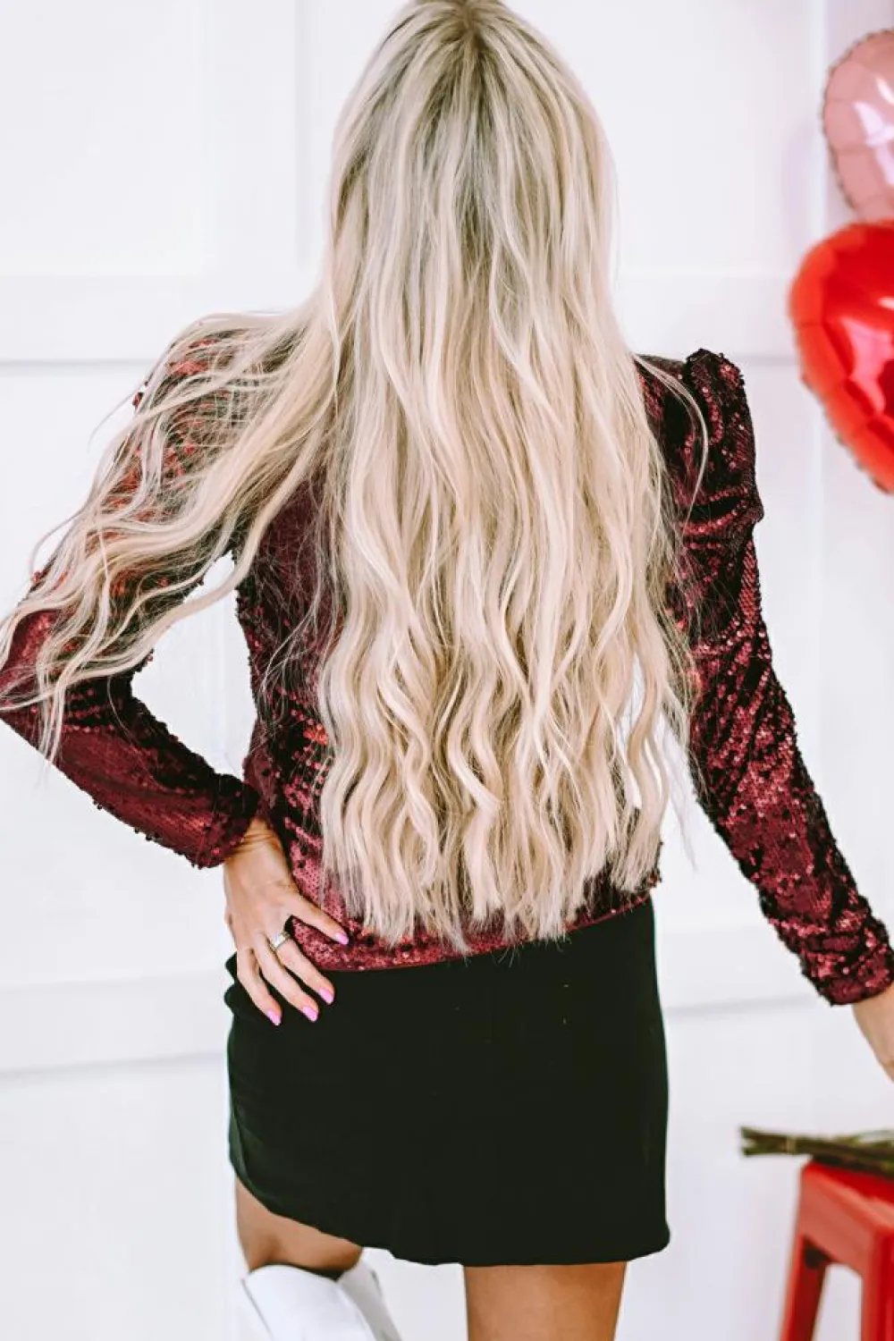 New Dear-Lover Sequin Mock Neck Bubble Sleeve Top Burgundy
