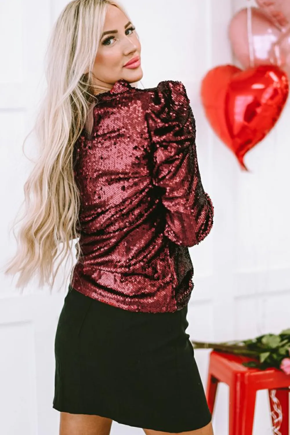 New Dear-Lover Sequin Mock Neck Bubble Sleeve Top Burgundy