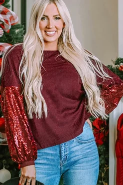 New Dear-Lover Sequin Patchwork Sleeve Open Back Waffle Knit Top Burgundy