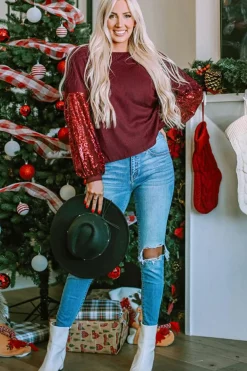 New Dear-Lover Sequin Patchwork Sleeve Open Back Waffle Knit Top Burgundy