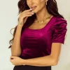 Fashion Dear-Lover Short Puff Sleeve Velvet Top Burgundy