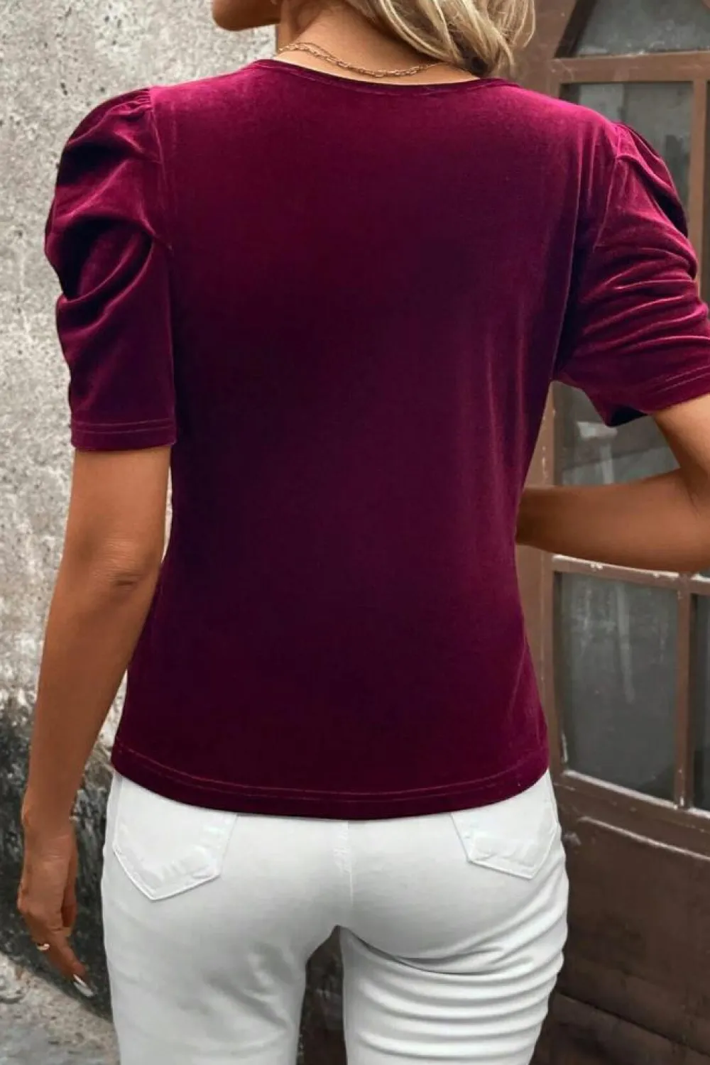 Fashion Dear-Lover Short Puff Sleeve Velvet Top Burgundy