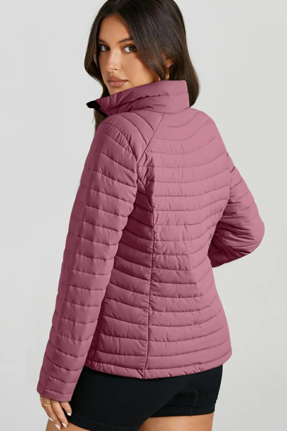 Hot Dear-Lover Solid Color Quilted Zip-up Puffer Jacket Burgundy
