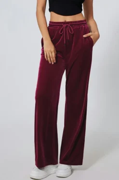 Clearance Dear-Lover Solid Drawstring Waist Wide Leg Pants Burgundy