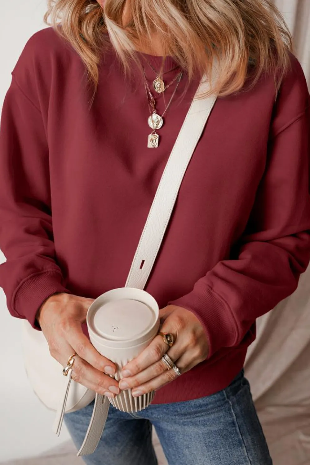 Clearance Dear-Lover Solid Fleece Lined Drop Shoulder Terry Sweatshirt Burgundy