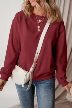 Clearance Dear-Lover Solid Fleece Lined Drop Shoulder Terry Sweatshirt Burgundy