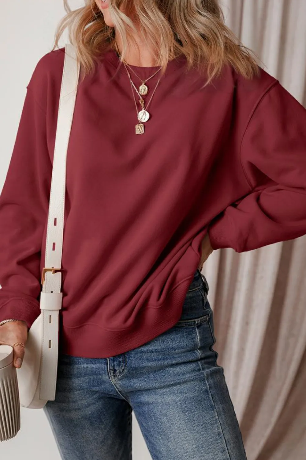 Clearance Dear-Lover Solid Fleece Lined Drop Shoulder Terry Sweatshirt Burgundy