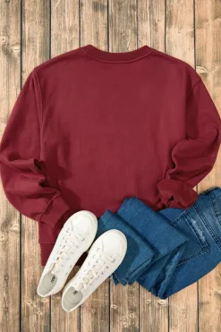 Clearance Dear-Lover Solid Fleece Lined Drop Shoulder Terry Sweatshirt Burgundy