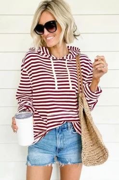 Best Dear-Lover Stripe Kangaroo Pocket Drawstring Hoodie Burgundy