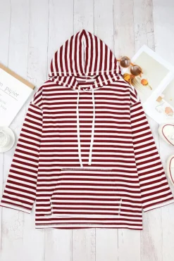 Best Dear-Lover Stripe Kangaroo Pocket Drawstring Hoodie Burgundy
