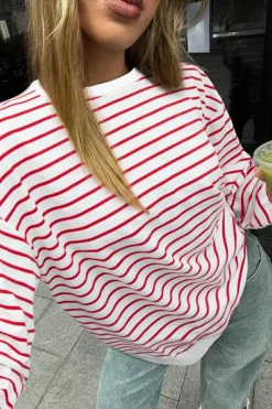 Online Dear-Lover Striped Long Sleeve Round Neck Loose Top Burgundy