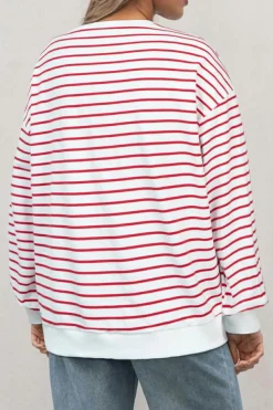 Online Dear-Lover Striped Long Sleeve Round Neck Loose Top Burgundy