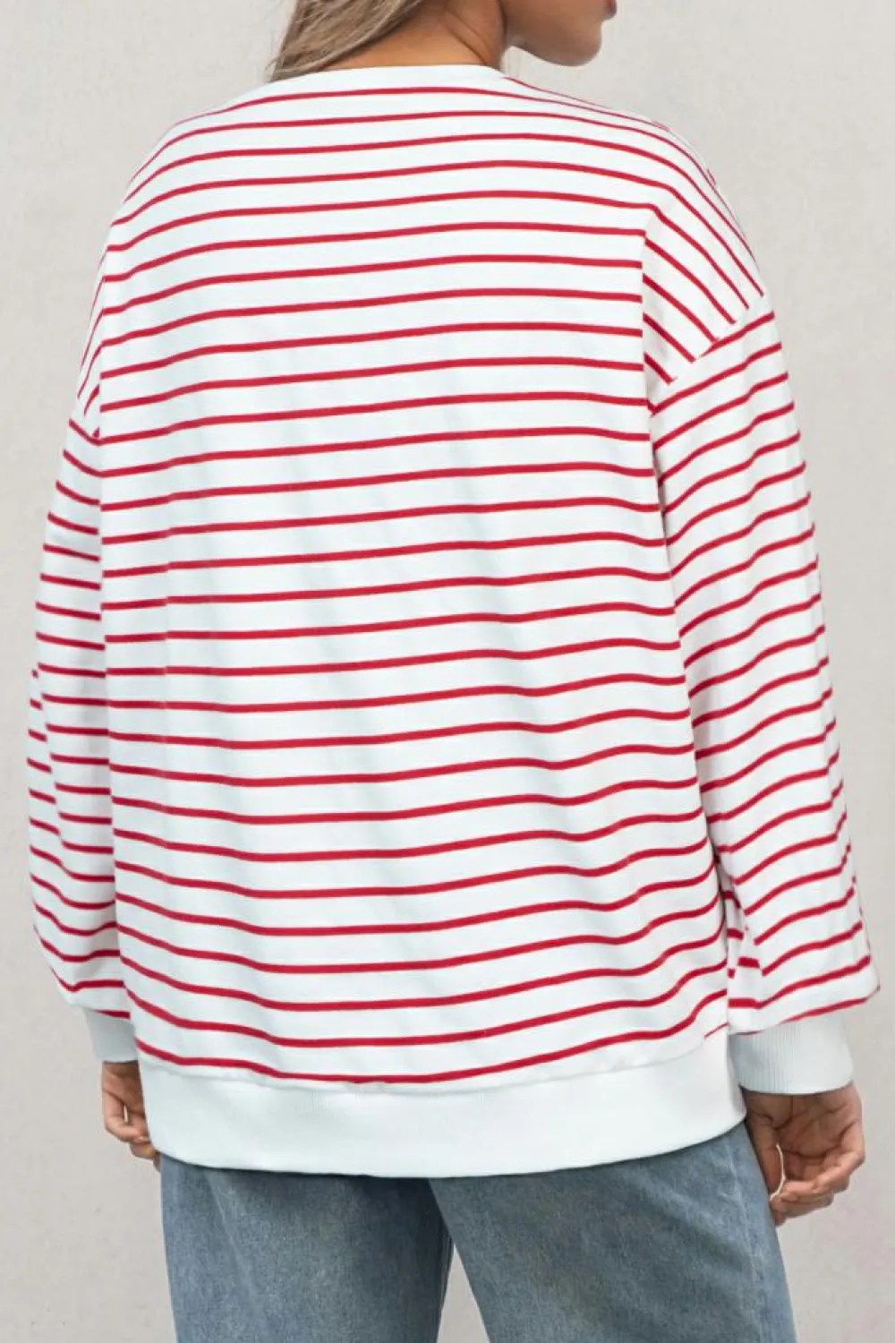 Online Dear-Lover Striped Long Sleeve Round Neck Loose Top Burgundy