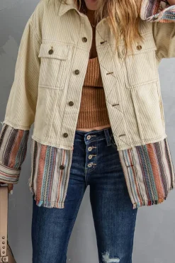 Outlet Dear-Lover Button Up Pockets Striped Color Block Corduroy Jacket Beige