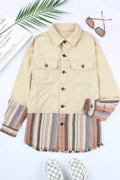 Outlet Dear-Lover Button Up Pockets Striped Color Block Corduroy Jacket Beige