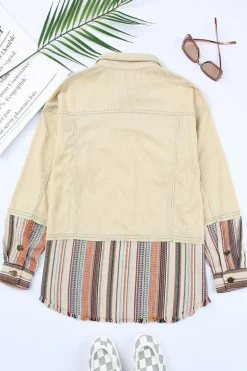 Outlet Dear-Lover Button Up Pockets Striped Color Block Corduroy Jacket Beige