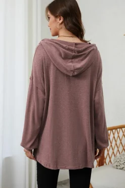 Fashion Dear-Lover Buttoned High and Low Hem Hoodie Fiery Red