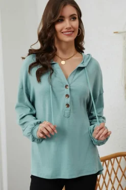 Online Dear-Lover Buttoned High and Low Hem Hoodie Green