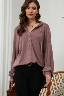 Fashion Dear-Lover Buttoned High and Low Hem Hoodie Fiery Red