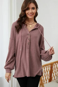 Fashion Dear-Lover Buttoned High and Low Hem Hoodie Fiery Red