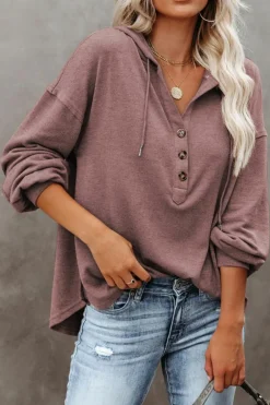 Fashion Dear-Lover Buttoned High and Low Hem Hoodie Fiery Red