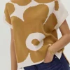 Sale Dear-Lover Big Flower Pattern Stand Neck Short Sleeve Sweater Camel