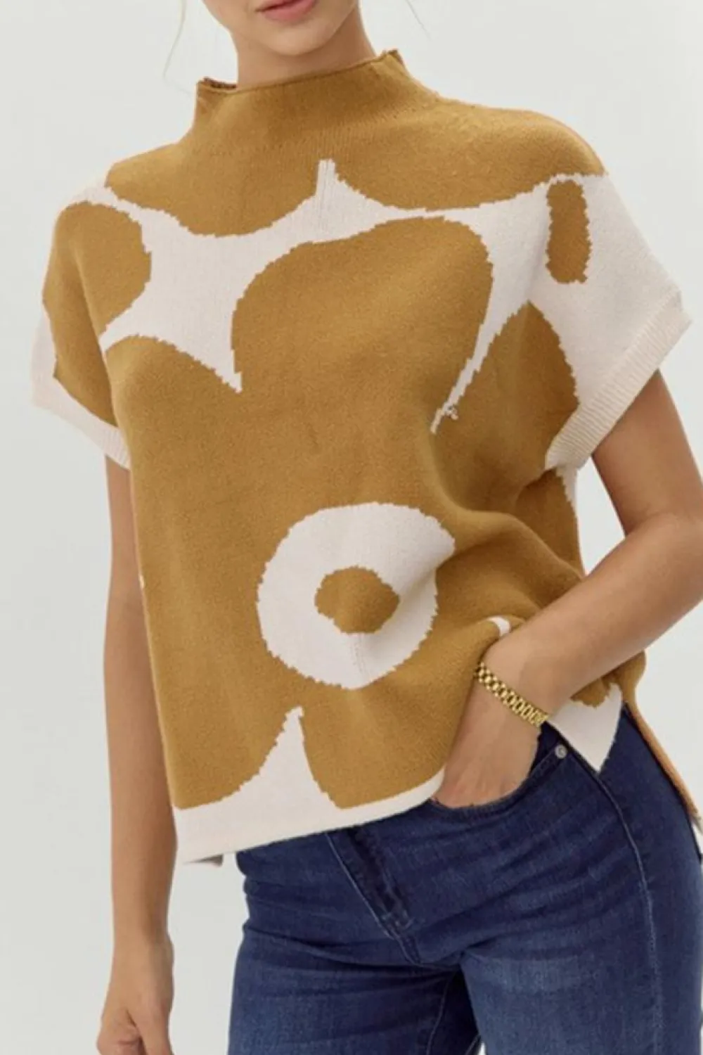 Sale Dear-Lover Big Flower Pattern Stand Neck Short Sleeve Sweater Camel