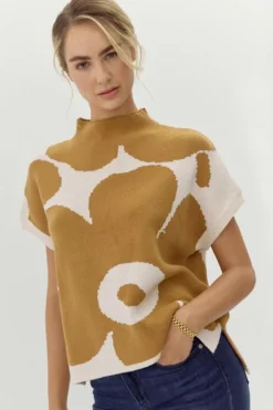 Sale Dear-Lover Big Flower Pattern Stand Neck Short Sleeve Sweater Camel
