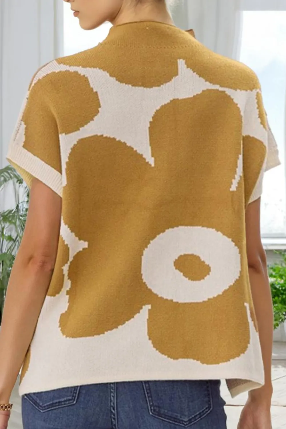 Sale Dear-Lover Big Flower Pattern Stand Neck Short Sleeve Sweater Camel