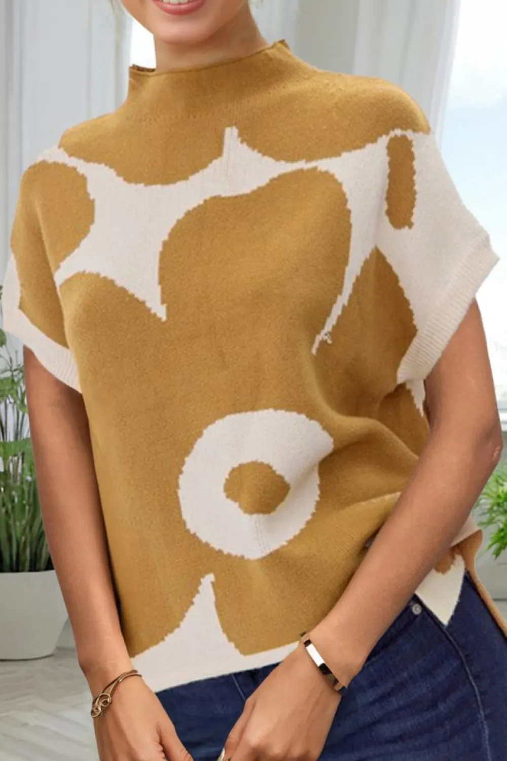 Sale Dear-Lover Big Flower Pattern Stand Neck Short Sleeve Sweater Camel