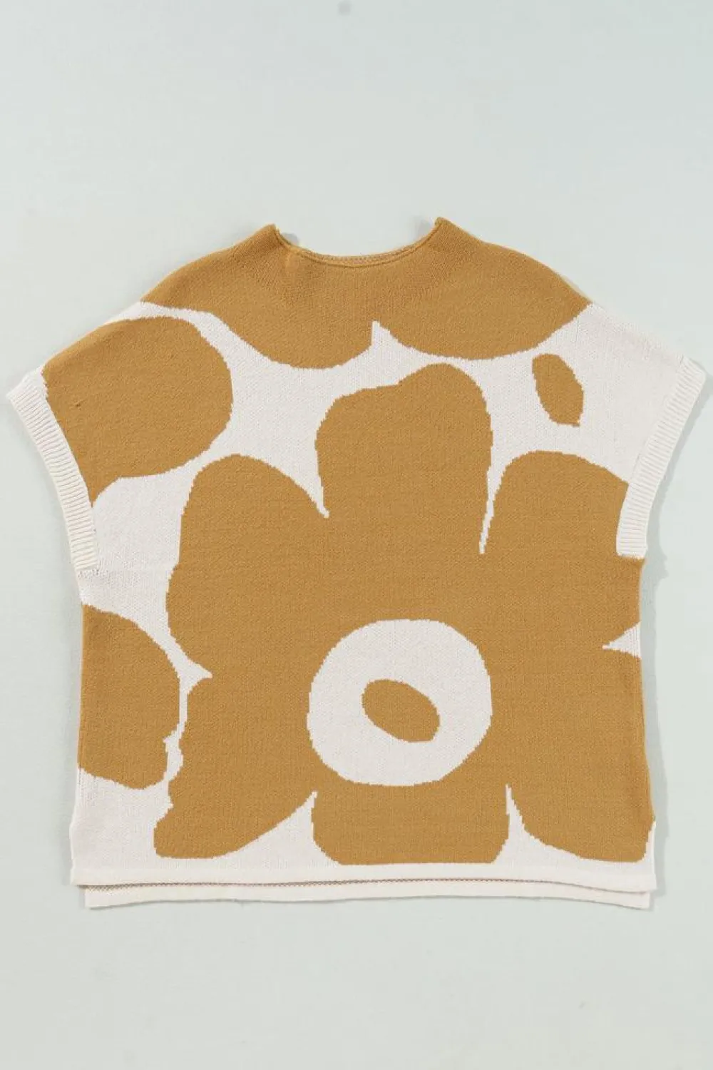Sale Dear-Lover Big Flower Pattern Stand Neck Short Sleeve Sweater Camel