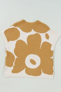 Sale Dear-Lover Big Flower Pattern Stand Neck Short Sleeve Sweater Camel