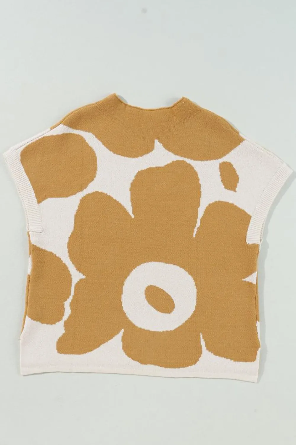 Sale Dear-Lover Big Flower Pattern Stand Neck Short Sleeve Sweater Camel