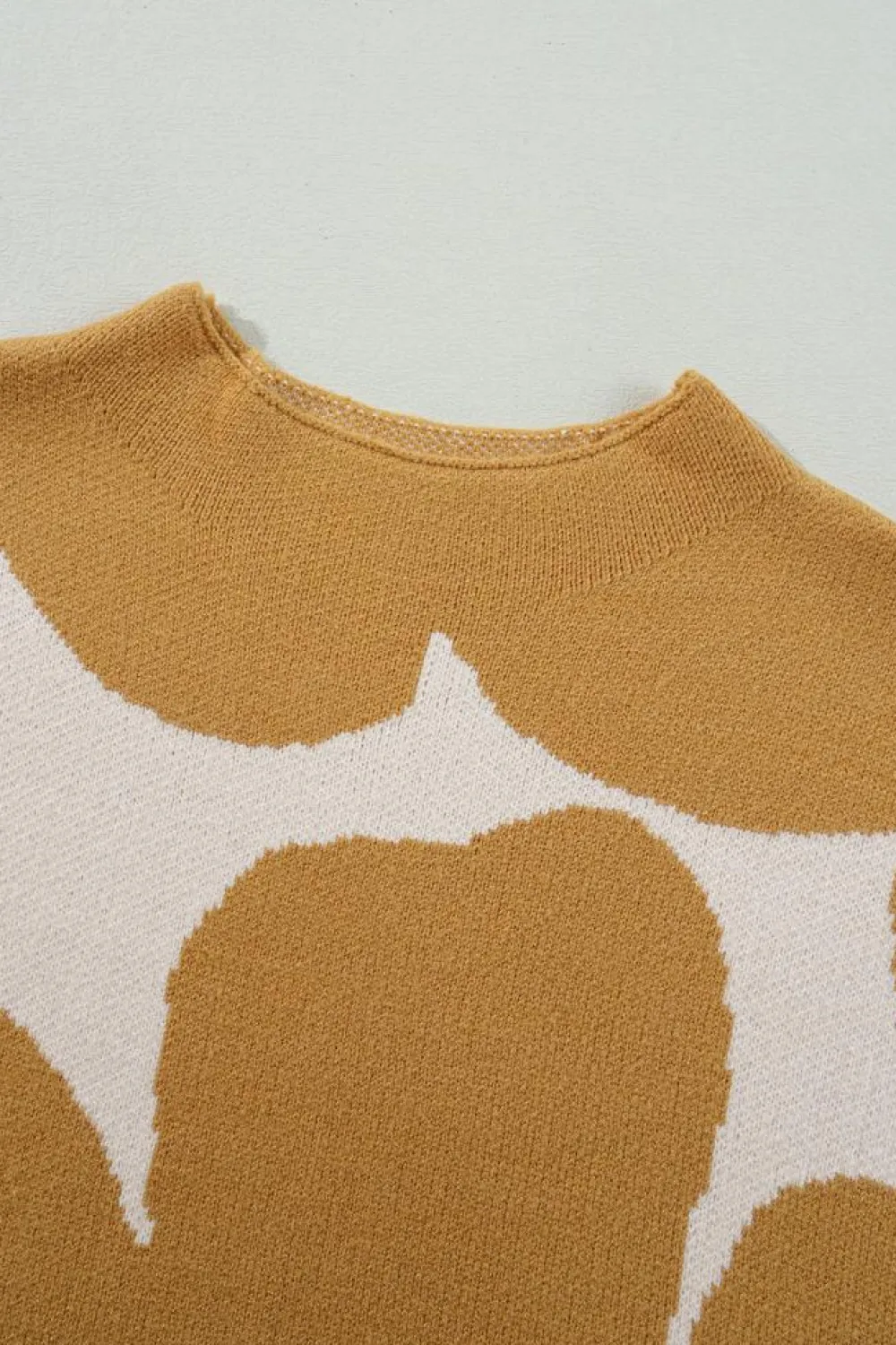 Sale Dear-Lover Big Flower Pattern Stand Neck Short Sleeve Sweater Camel