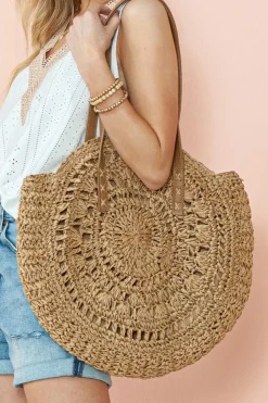 Fashion Dear-Lover Bohemian Straw Woven Round One Shoulder Bag Camel
