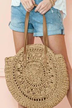 Fashion Dear-Lover Bohemian Straw Woven Round One Shoulder Bag Camel
