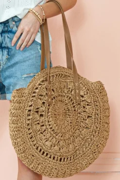 Fashion Dear-Lover Bohemian Straw Woven Round One Shoulder Bag Camel