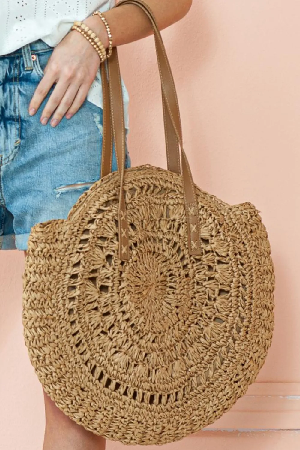 Fashion Dear-Lover Bohemian Straw Woven Round One Shoulder Bag Camel