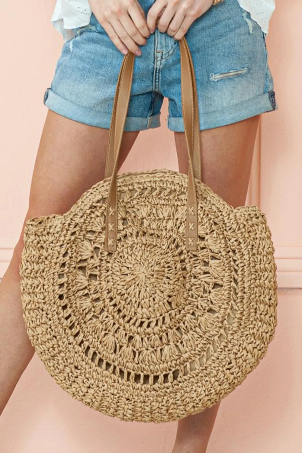 Fashion Dear-Lover Bohemian Straw Woven Round One Shoulder Bag Camel