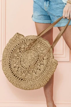 Fashion Dear-Lover Bohemian Straw Woven Round One Shoulder Bag Camel