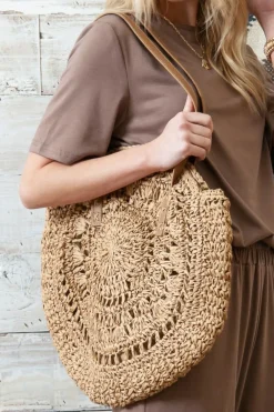 Fashion Dear-Lover Bohemian Straw Woven Round One Shoulder Bag Camel