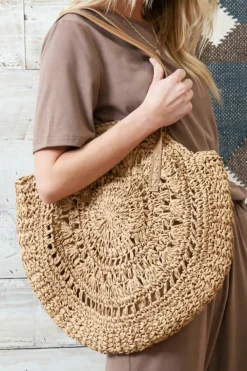 Fashion Dear-Lover Bohemian Straw Woven Round One Shoulder Bag Camel
