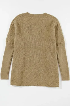 Sale Dear-Lover Checkered Textured Batwing Sleeve Sweater Camel